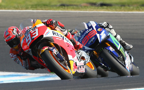 Marc Marquez of Spain and the Repsol Honda team leads Jorge Lorenzo of Spain and Movistar Yamaha MotoGP at Phillip Island. (Photo by Quinn Rooney/Getty Images) Marc Marquez of Spain and the Repsol Honda team leads Jorge Lorenzo of Spain and Movistar Yamaha MotoGP at Phillip Island. (Photo by Quinn Rooney/Getty Images)