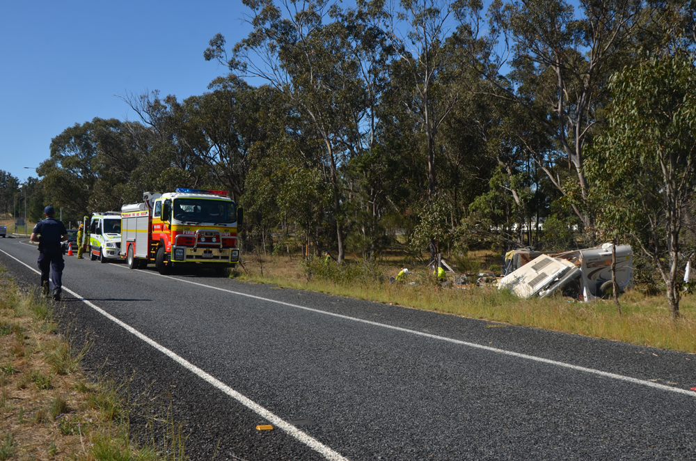 The man was removed from his vehicle and air-lifted by RACQ care flight to Toowoomba Base Hospital with non-life threatening injuries. The man was removed from his vehicle and air-lifted by RACQ care flight to Toowoomba Base Hospital with non-life threatening injuries.