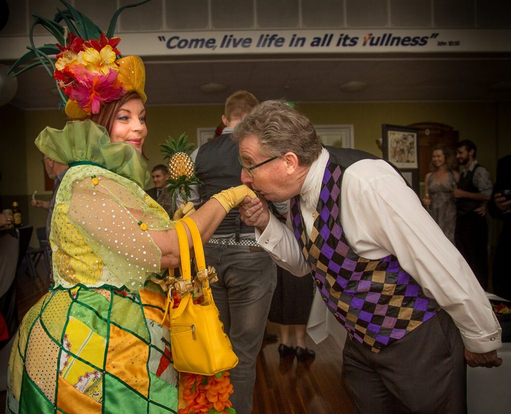 ROYAL GREETING: Her Majestic Fruitiness, Queen Bromelia Kala Aloha Ferrari Pineapple (known as Queen Bee) (aka Kerryanne Farrer) and Con Galvin