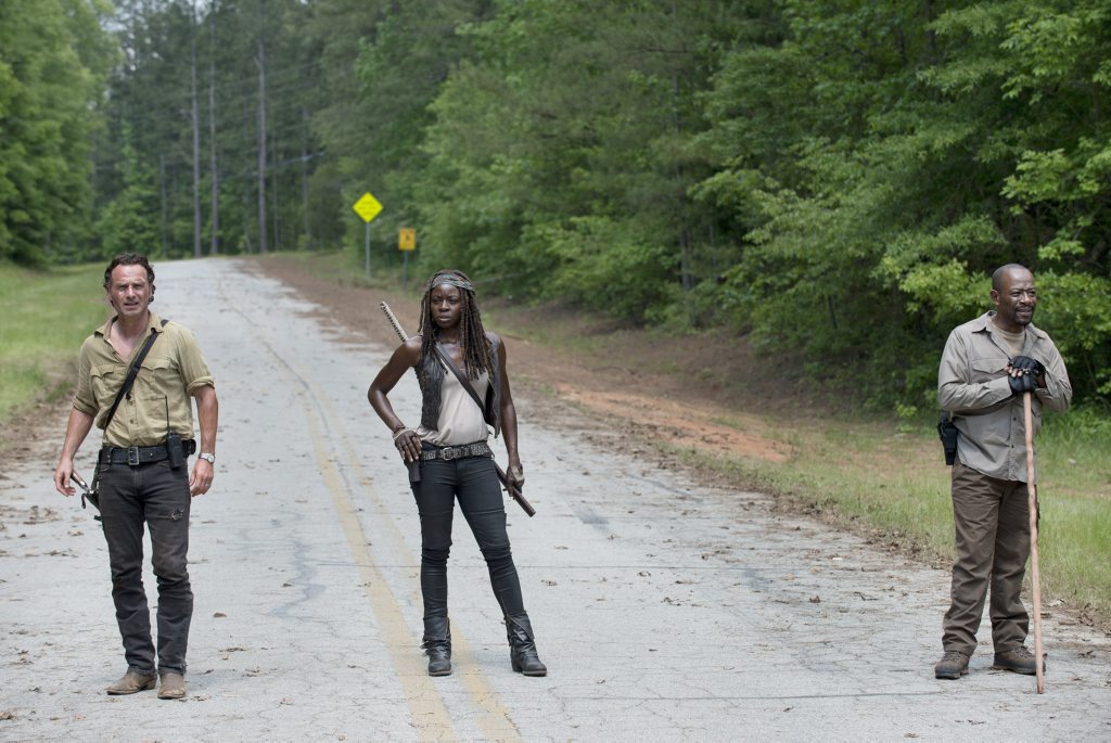 Andrew Lincoln, Danai Gurira and Lennie James in a scene from The Walking Dead. Supplied by Foxtel. Please credit photo to Gene Page/AMC. Andrew Lincoln, Danai Gurira and Lennie James in a scene from The Walking Dead. Supplied by Foxtel. Please credit photo to Gene Page/AMC.