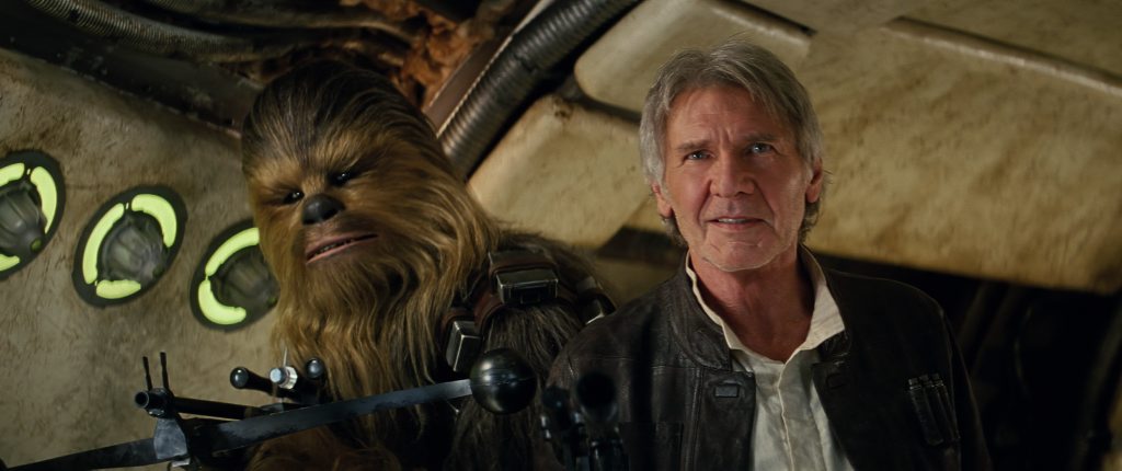 Peter Mayhew (as Chewbacca) and Harrison Ford in a scene from the movie Star Wars: The Force Awakens. Photo by Lucas Films, supplied by Disney. Peter Mayhew (as Chewbacca) and Harrison Ford in a scene from the movie Star Wars: The Force Awakens. Photo by Lucas Films, supplied by Disney.