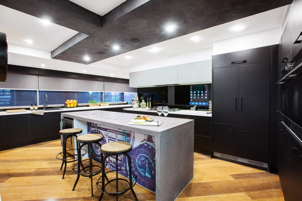 Kingi and Caro's winning kitchen in a scene from The Block. Kingi and Caro's winning kitchen in a scene from The Block.