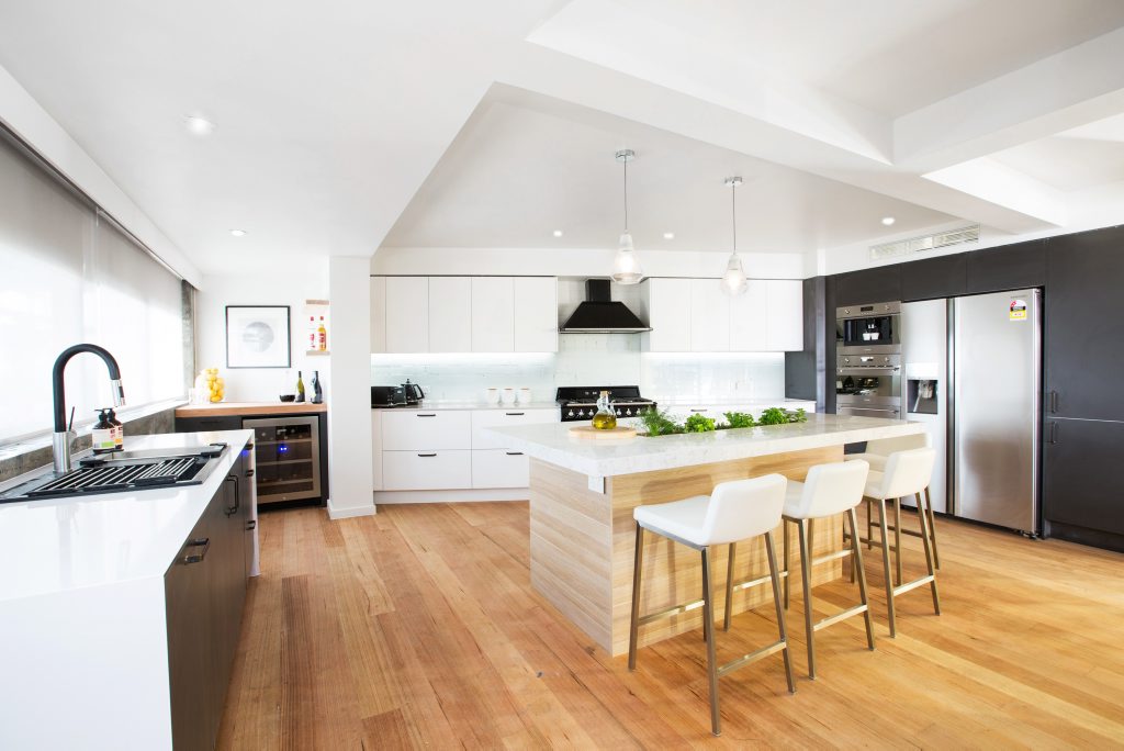 Whitney and Andrew's kitchen in a scene from The Block. Whitney and Andrew's kitchen in a scene from The Block.