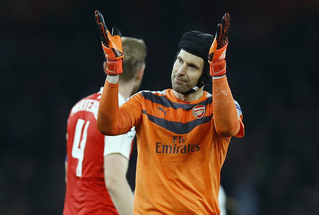 Arsenal goalkeeper Petr Cech applauds supporters after his team won the Champions League Group F soccer match against Bayern Munich at Emirates stadium in London on Tuesday. Photo: AP Photo/Kirsty Wigglesworth. Arsenal goalkeeper Petr Cech applauds supporters after his team won the Champions League Group F soccer match against Bayern Munich at Emirates stadium in London on Tuesday. Photo: AP Photo/Kirsty Wigglesworth.