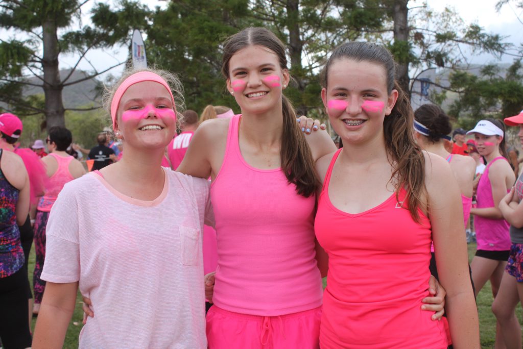 Abbie Jewell, Rebecca Chapman and Belinda Binnekamp from Rockhampton Grammar School attended the Pink Ribbon Run on Rockhampton. Photo Madeline McDonald / Morning Bulletin Abbie Jewell, Rebecca Chapman and Belinda Binnekamp from Rockhampton Grammar School attended the Pink Ribbon Run on Rockhampton. Photo Madeline McDonald / Morning Bulletin