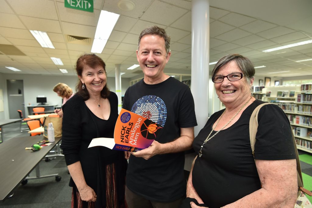 Author Nick Earls with (L) Julie Duke and Alison Taylor at a workshop at the Hervey Bay Library. Author Nick Earls with (L) Julie Duke and Alison Taylor at a workshop at the Hervey Bay Library.