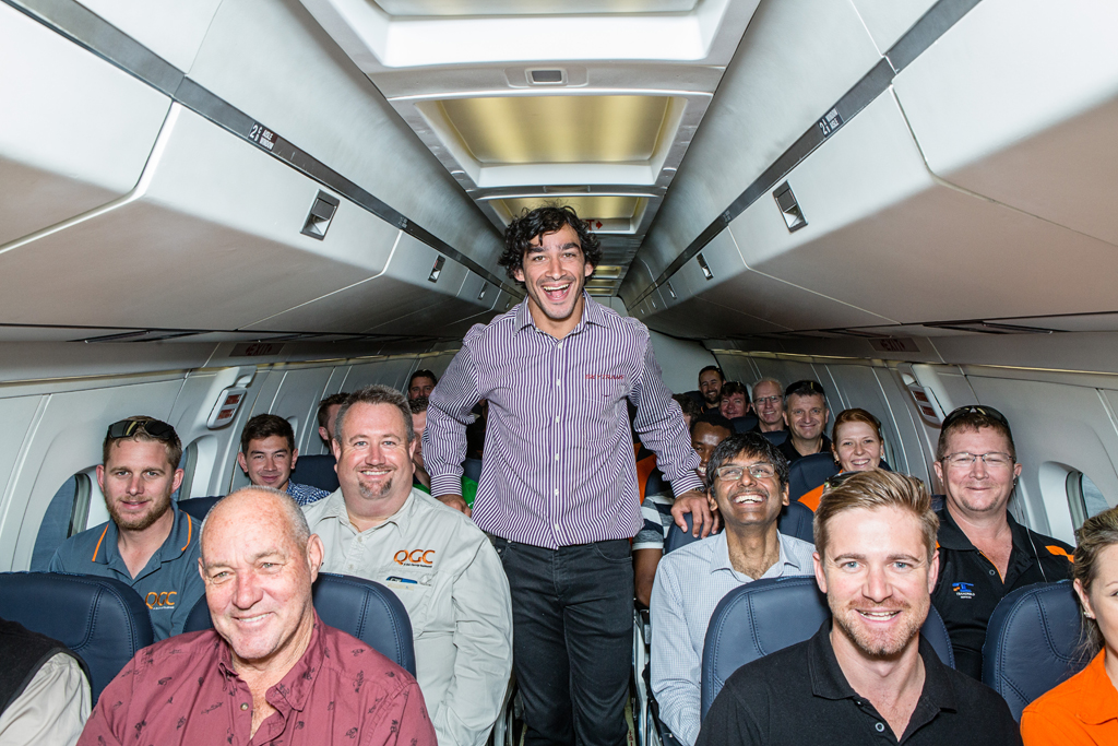Johnathan Thurston on the first Skytrans flight from Brisbane to Chinchilla. Johnathan Thurston on the first Skytrans flight from Brisbane to Chinchilla.