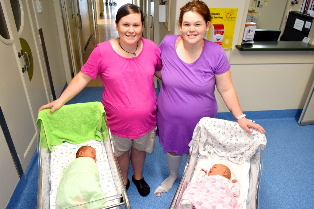 DOUBLE TROUBLE: Roma sisters Samantha (left) and Kirralee (right) Gilliland weren't expecting to deliver 24 hours apart at Roma Hospital. Photo Blake Antrobus / Western Star DOUBLE TROUBLE: Roma sisters Samantha (left) and Kirralee (right) Gilliland weren't expecting to deliver 24 hours apart at Roma Hospital. Photo Blake Antrobus / Western Star