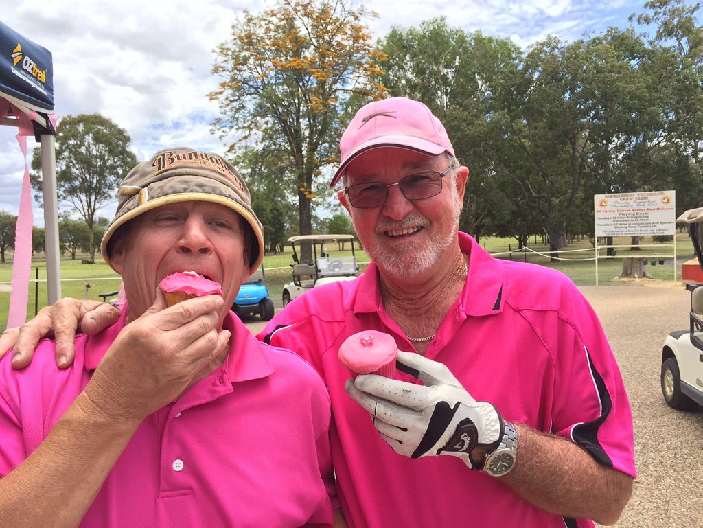 THINK PINK: Fred Lowe and Neil Shaw go all out in pink at the Bundaberg Golf Club for last year's event. Photo Contributed THINK PINK: Fred Lowe and Neil Shaw go all out in pink at the Bundaberg Golf Club for last year's event. Photo Contributed