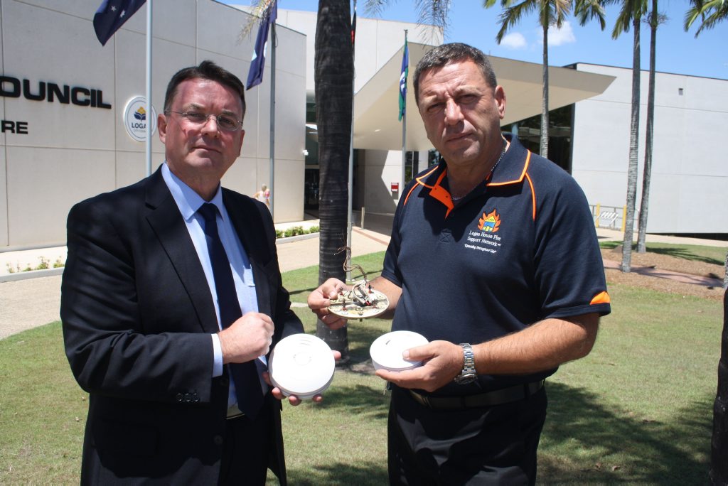 Cr Luke Smith and Louie Naumovski are calling on State government to change legislation and make photoelectric smoke alarms compulsory. Photo Contributed Cr Luke Smith and Louie Naumovski are calling on State government to change legislation and make photoelectric smoke alarms compulsory. Photo Contributed