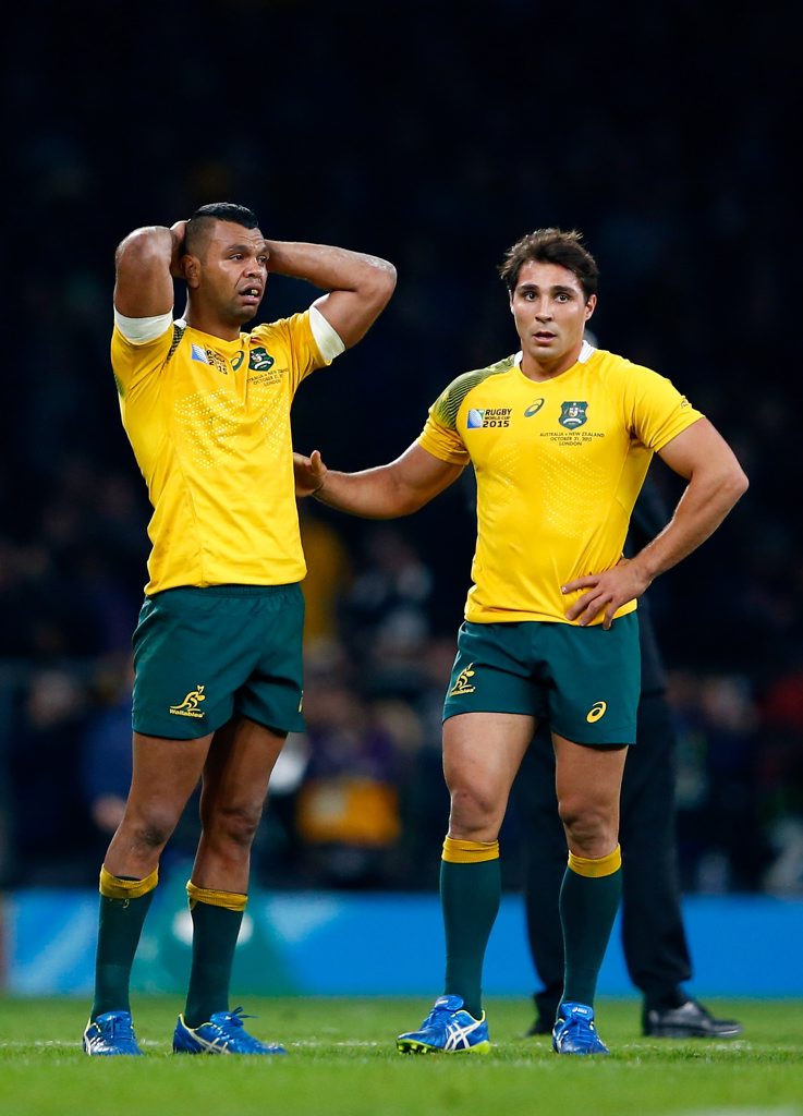SO CLOSE, YET SO FAR: Kurtley Beale and Nick Phipps are dejected following defeat in the World Cup Final at Twickenham Stadium in London. Photo by Shaun Botterill/Getty Images. SO CLOSE, YET SO FAR: Kurtley Beale and Nick Phipps are dejected following defeat in the World Cup Final at Twickenham Stadium in London. Photo by Shaun Botterill/Getty Images.