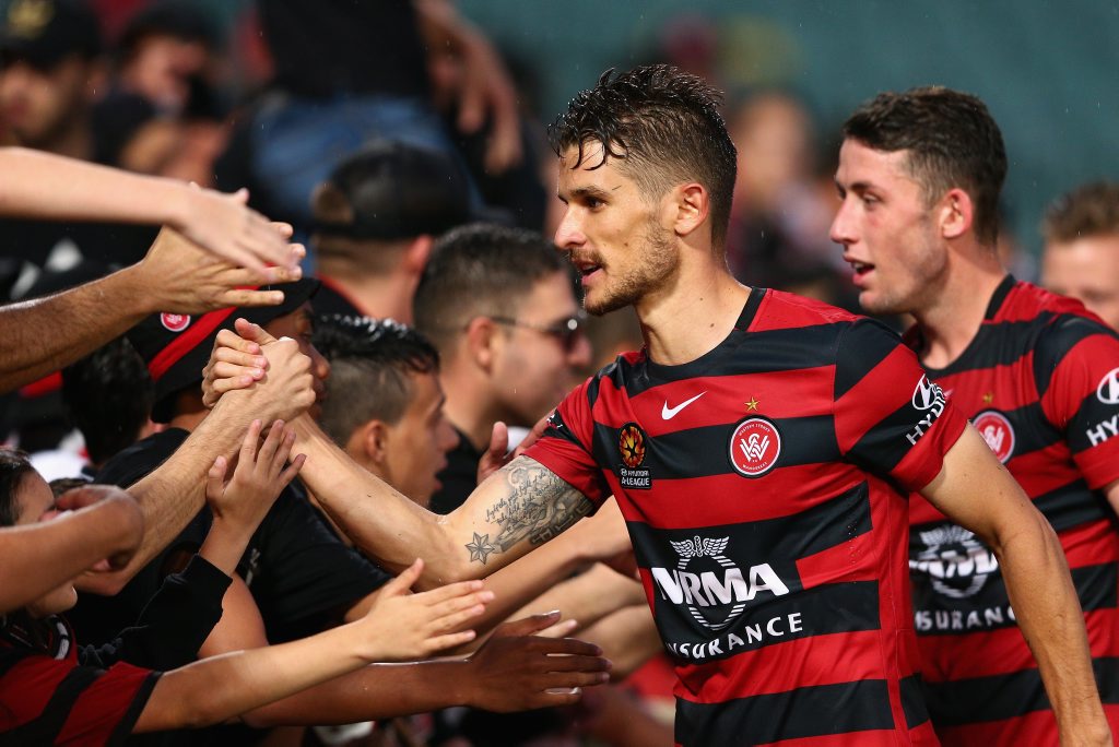 NEW HERO: Dario Vidosic celebrates with fans after winning the round four A-League match between the Western Sydney Wanderers and Perth Glory at Pirtek Stadium in Sydney. Photo: Cameron Spencer/Getty Images. NEW HERO: Dario Vidosic celebrates with fans after winning the round four A-League match between the Western Sydney Wanderers and Perth Glory at Pirtek Stadium in Sydney. Photo: Cameron Spencer/Getty Images.