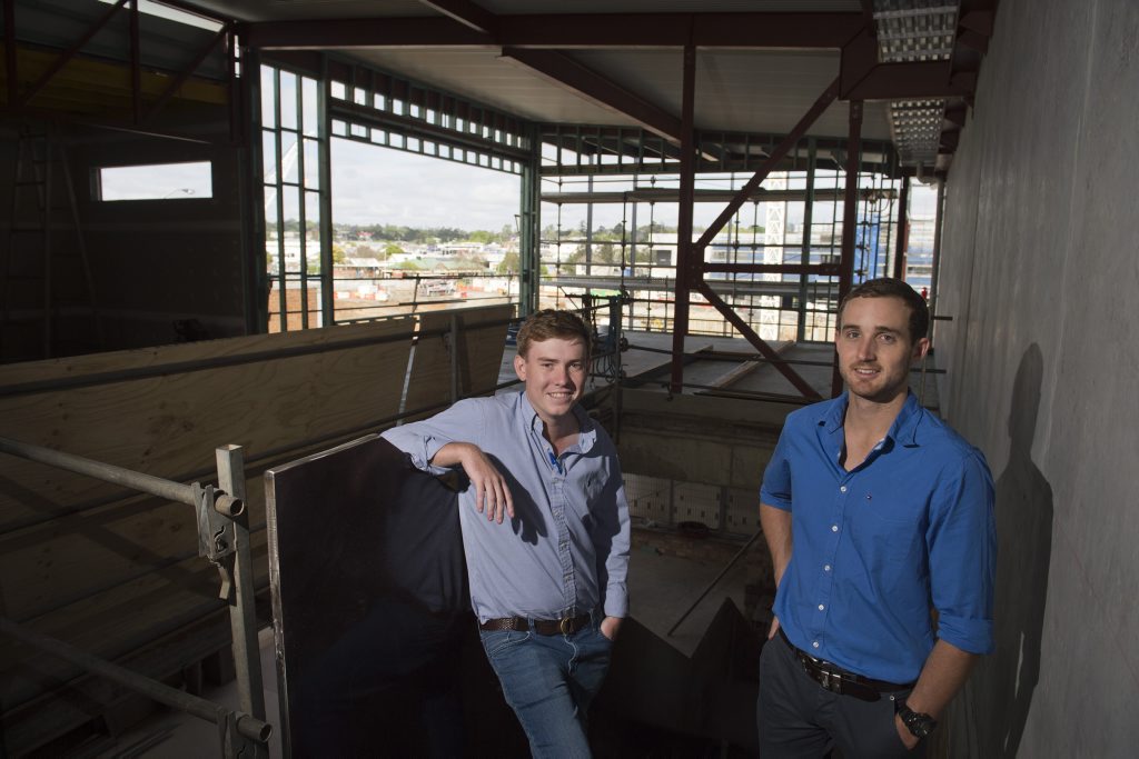 The Office owners Kenneth Wagner (left) and Michael Hay are pleased with the progress on the building of the contemporary bar in Duggan St overlooking the the QIC Grand Central Gardentown redevelopment, Monday, November 2, 2015. Photo Kevin Farmer / The Chronicle