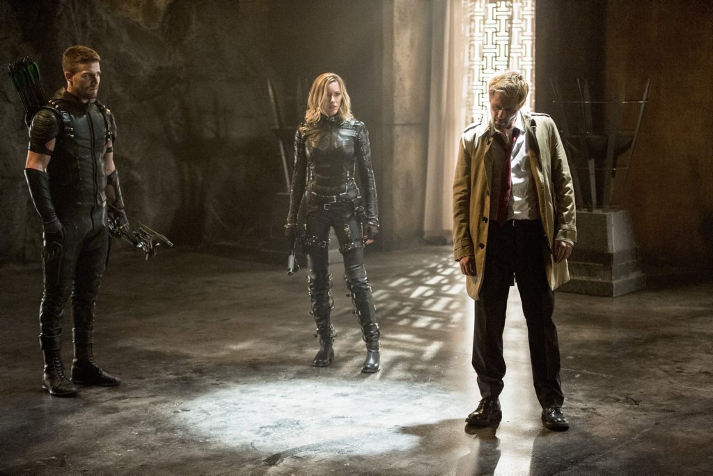 Oliver Queen/Arrow (Stephen Amell), Kate Cassidy (Laurel Lance) and Constantine (Matt Ryan) in Arrow's Oliver Queen/Arrow (Stephen Amell), Kate Cassidy (Laurel Lance) and Constantine (Matt Ryan) in Arrow's