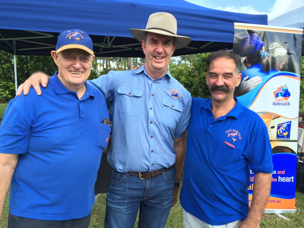Image for sale: Care Outreach volunteer Keith Philbrook, founder Bill Close and Montville INC pastor Mark Green at the fair. Photo Jessica McKenzie / Range News
