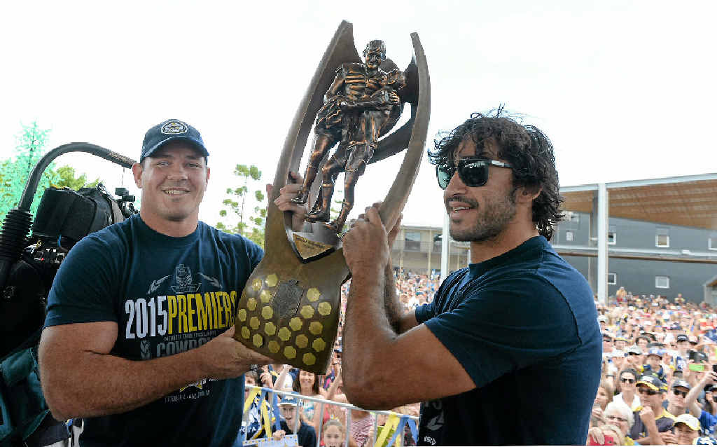 TROPHY TOUR: The NRL grand final trophy will make its way to Rockhampton, but no players are coming with it. Cowboys’ co-captains Matt Scott and Johnathan Thurston are pictured in Mackay. TROPHY TOUR: The NRL grand final trophy will make its way to Rockhampton, but no players are coming with it. Cowboys’ co-captains Matt Scott and Johnathan Thurston are pictured in Mackay.