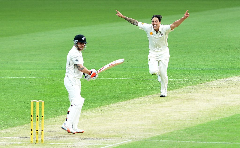Australian bowler Mitchell Johnson reacts after dismissing New Zealand captain New Zealand captain Brendon McCullum (left) for 6 at the Gabba yesterday. Photo: AAP Image/Dave Hunt. Australian bowler Mitchell Johnson reacts after dismissing New Zealand captain New Zealand captain Brendon McCullum (left) for 6 at the Gabba yesterday. Photo: AAP Image/Dave Hunt.