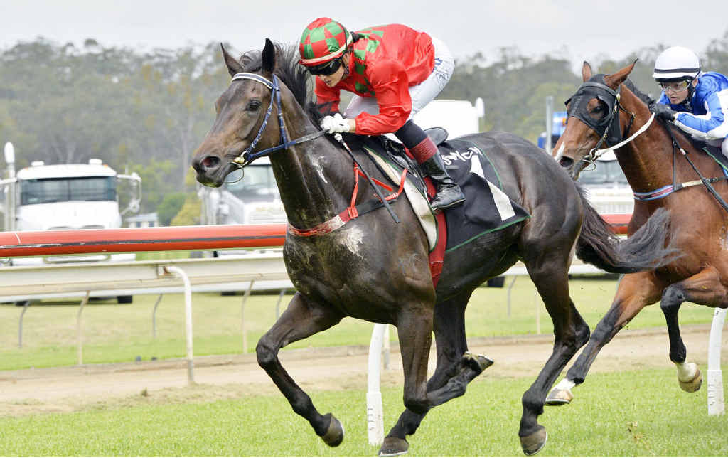 HEADING TO VICTORY: Jockey Tegan Harrison works hard guiding Mine With Lime across the line first in last Thursday’s Mack Metroliner Handicap at the Ipswich Turf Club. Whispering Tess, ridden by Brooke Ainsworth, was in hot pursuit. HEADING TO VICTORY: Jockey Tegan Harrison works hard guiding Mine With Lime across the line first in last Thursday’s Mack Metroliner Handicap at the Ipswich Turf Club. Whispering Tess, ridden by Brooke Ainsworth, was in hot pursuit.