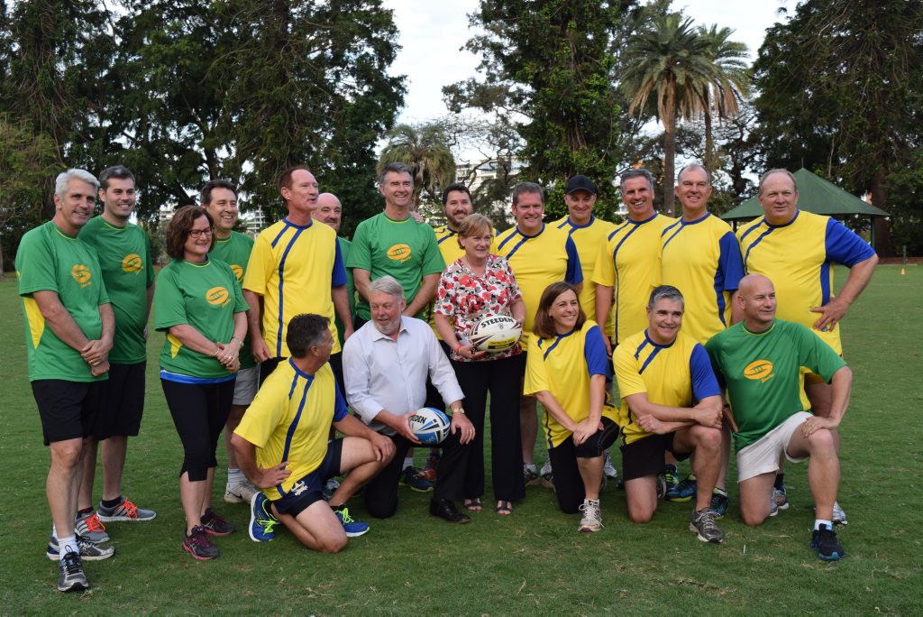 The MPs who made up the country (yellow) and city (green) teams for he annual country versus city MP touch football match with Bruce and Denise Morcombe. The MPs who made up the country (yellow) and city (green) teams for he annual country versus city MP touch football match with Bruce and Denise Morcombe.