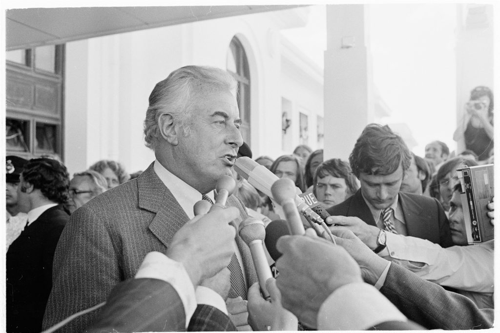 November 11, 1975, one of the most controversial days in Australia's history. Prime Minister Gough Whitlam addresses the crowd after being dismissed in what was labelled a constitutional crisis. Photo: National Archives of Australia. November 11, 1975, one of the most controversial days in Australia's history. Prime Minister Gough Whitlam addresses the crowd after being dismissed in what was labelled a constitutional crisis. Photo: National Archives of Australia.