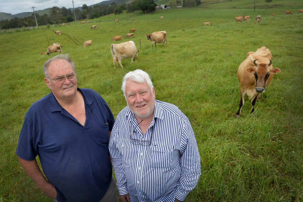 Professor of Sustainability at the University of the Sunshine Coast (right) Tor Hundlo and Cooloola Milk owner operator Dick Schroeder.Photo Patrick Woods / Gympie Times Professor of Sustainability at the University of the Sunshine Coast (right) Tor Hundlo and Cooloola Milk owner operator Dick Schroeder.Photo Patrick Woods / Gympie Times