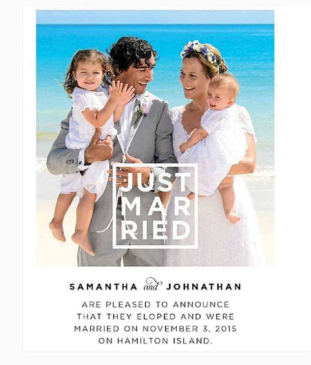 NEWLYWEDS: Johnathan Thurston and Samatha Lynch married on Hamilton Island on Novermber 3. NEWLYWEDS: Johnathan Thurston and Samatha Lynch married on Hamilton Island on Novermber 3.