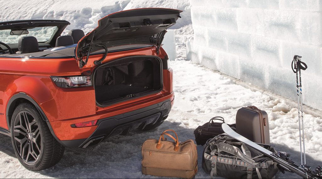 UP FOR A CHALLENGE? Evoque has a decent boot size for a convertible, but still trails the likes of a Kia Rio in litres of room. Good luck shoving that little lot in, Your Ladyship. UP FOR A CHALLENGE? Evoque has a decent boot size for a convertible, but still trails the likes of a Kia Rio in litres of room. Good luck shoving that little lot in, Your Ladyship.