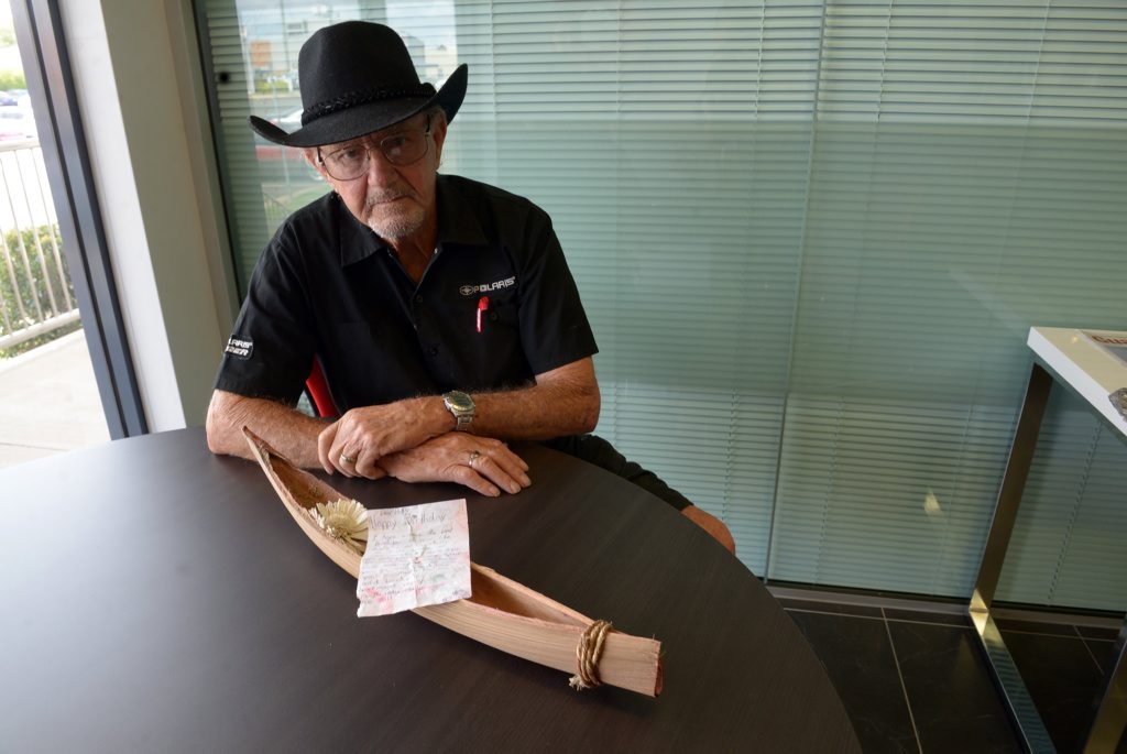 STRANGE FIND: Tom Tilney found a small handmade boat with a letter in it on Moore Park Beach. Photo: Max Fleet / NewsMail STRANGE FIND: Tom Tilney found a small handmade boat with a letter in it on Moore Park Beach. Photo: Max Fleet / NewsMail