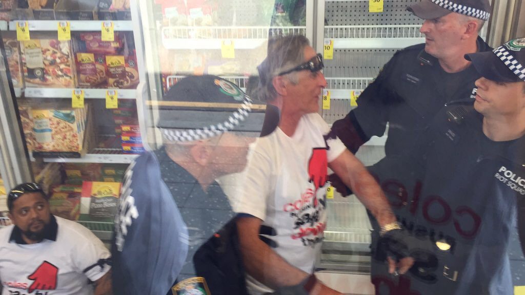 TWU protest ends in arrests as 10 union activists are removed from a Paramatta Coles by police. Photo Contributed TWU protest ends in arrests as 10 union activists are removed from a Paramatta Coles by police. Photo Contributed
