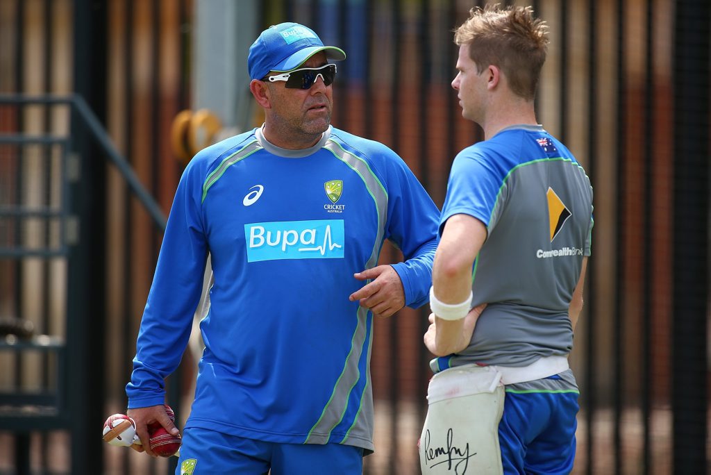 Darren Lehmann talks with Steven Smith during an Australian nets session at WACA yesterday. Photo: Paul Kane/Getty Images. Darren Lehmann talks with Steven Smith during an Australian nets session at WACA yesterday. Photo: Paul Kane/Getty Images.