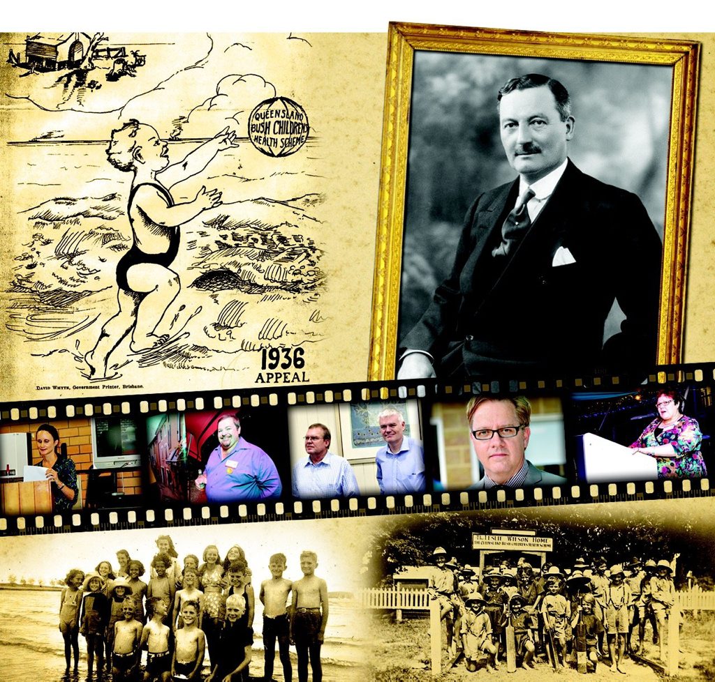 Montage pix clockwise from top left: A 1936 fund-raising appeal flyer for BUSHkids which turns 80 years old in 2015; BUSHkids founder Sir Leslie Orme Wilson started the Royal Queensland Bush Children's Health Scheme in 1935 to help sick bush kids; children pause for a photo at the Sir Leslie Wilson Home in Redcliffe; and regional Queensland children take a break from the BUSHkids' provided health care and school lessons to enjoy the sea at Emu Park. Film strip (from left): Occupational therapist Karlee Wiles started her career with BUSHkids' Emerald office in 1999. She is now the organisation's head OT; BUSHkids health and safety officer Brett Wall has been with the organisation for more than 20 years; BUSHkids general manager Carlton Meyn (left) and Charlie Wilson, the grandson of Sir Leslie; Dr Neil Bartels is the chairman of BUSHkids; and the organisation's treasurer is Allison McLean. Photos: Contributed. Montage pix clockwise from top left: A 1936 fund-raising appeal flyer for BUSHkids which turns 80 years old in 2015; BUSHkids founder Sir Leslie Orme Wilson started the Royal Queensland Bush Children's Health Scheme in 1935 to help sick bush kids; children pause for a photo at the Sir Leslie Wilson Home in Redcliffe; and regional Queensland children take a break from the BUSHkids' provided health care and school lessons to enjoy the sea at Emu Park. Film strip (from left): Occupational therapist Karlee Wiles started her career with BUSHkids' Emerald office in 1999. She is now the organisation's head OT; BUSHkids health and safety officer Brett Wall has been with the organisation for more than 20 years; BUSHkids general manager Carlton Meyn (left) and Charlie Wilson, the grandson of Sir Leslie; Dr Neil Bartels is the chairman of BUSHkids; and the organisation's treasurer is Allison McLean. Photos: Contributed.