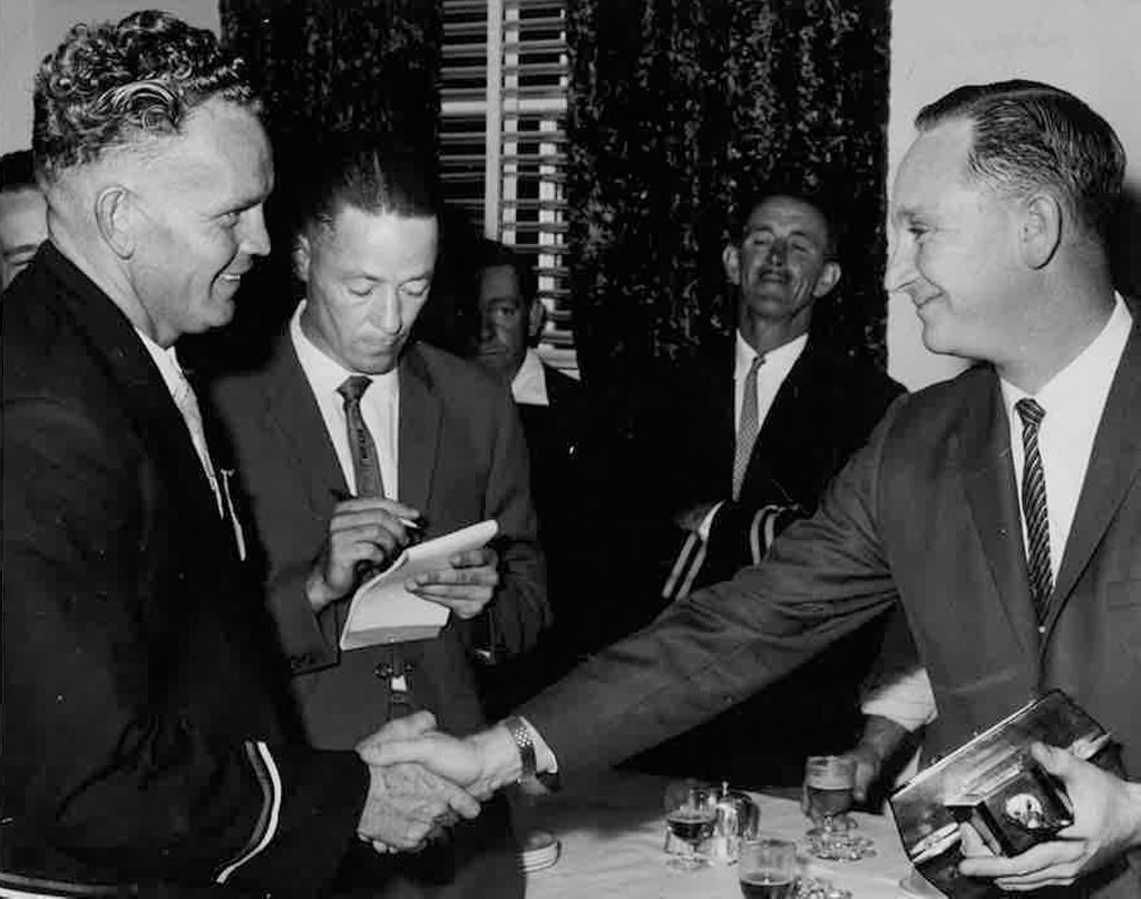 1961 Sportman of the Year winner Noel Hall receives his trophy from Heinz representative Mr DG Kay.Photo Daily Examiner Archives 1961 Sportman of the Year winner Noel Hall receives his trophy from Heinz representative Mr DG Kay.Photo Daily Examiner Archives