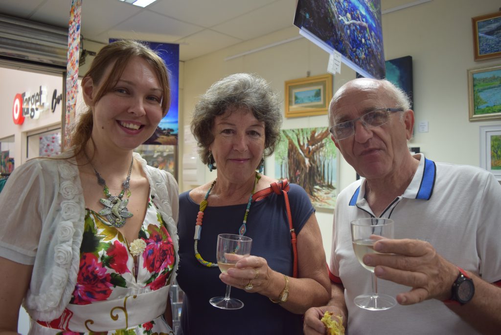 OPENING NIGHT: Michelle Andrews, Sandra Hardy and Tony Moscato at opening night for Through the Looking Glass and into the Tropics at Art Whitsunday. Photo Kathryn Cygan / Whitsunday Times