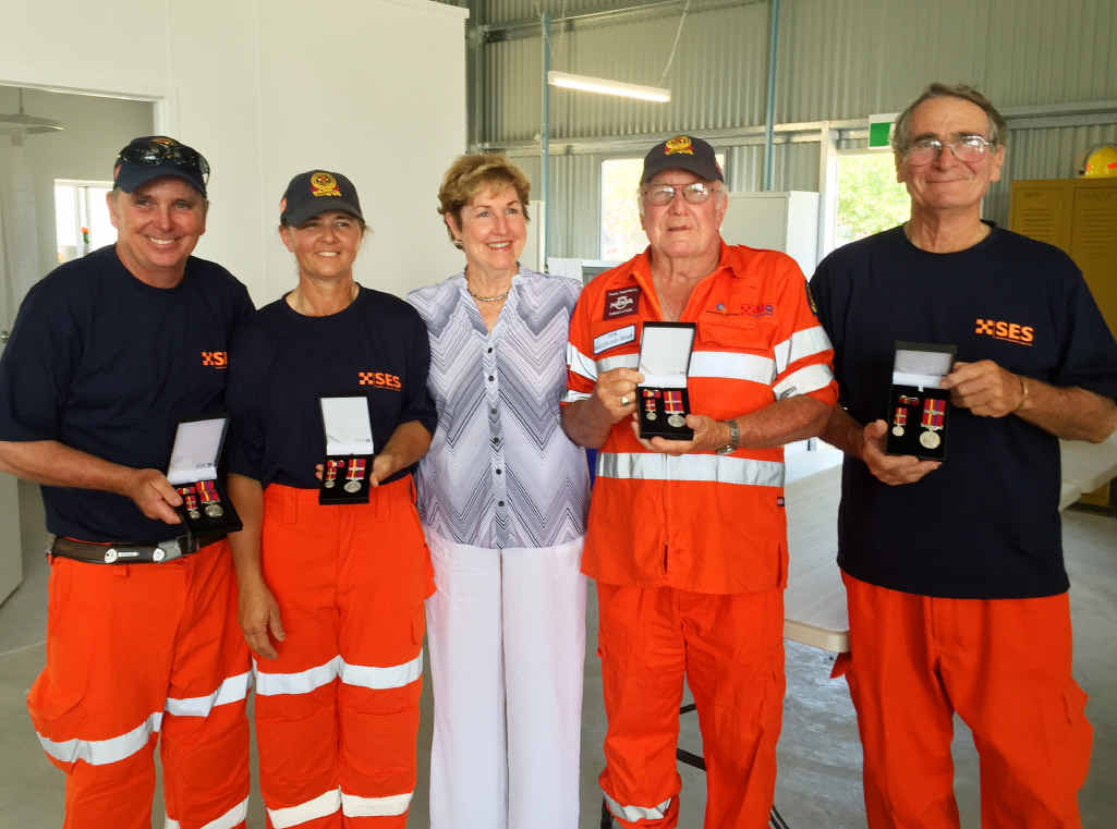 OUTSTANDING SERVICE: Four Marlborough SES members were recognised for their work and presented with the QLD SES Meritorious Medal. Livingstone councillor Glenda Mather is pictured with Graham Sharps (who served 20 years), Tracy Sharps (20 years), Des O’Donnell (15 years), and Greg Yates (25 years). OUTSTANDING SERVICE: Four Marlborough SES members were recognised for their work and presented with the QLD SES Meritorious Medal. Livingstone councillor Glenda Mather is pictured with Graham Sharps (who served 20 years), Tracy Sharps (20 years), Des O’Donnell (15 years), and Greg Yates (25 years).