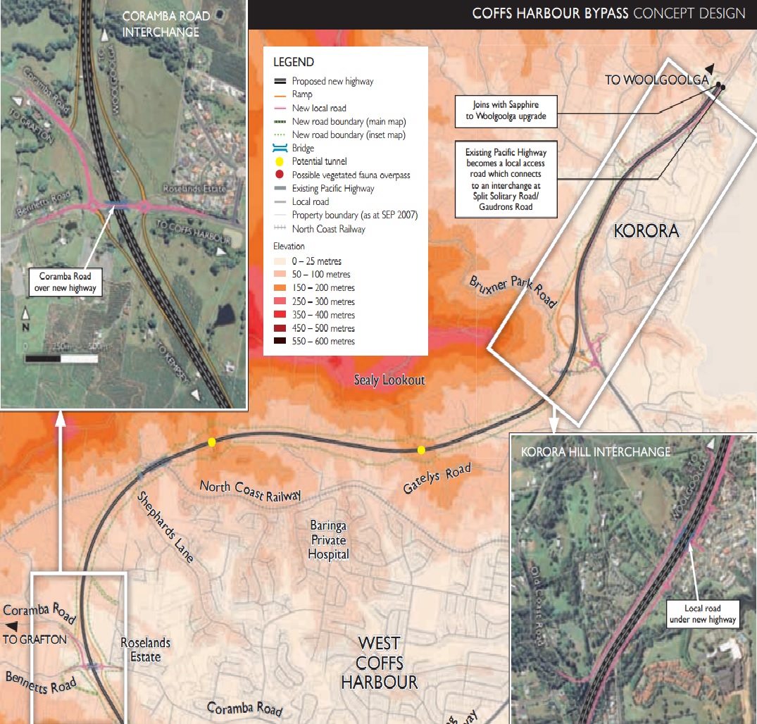 The north and western sections of the proposed Coffs Harbour bypass route as it appears on the RMS website. The north and western sections of the proposed Coffs Harbour bypass route as it appears on the RMS website.