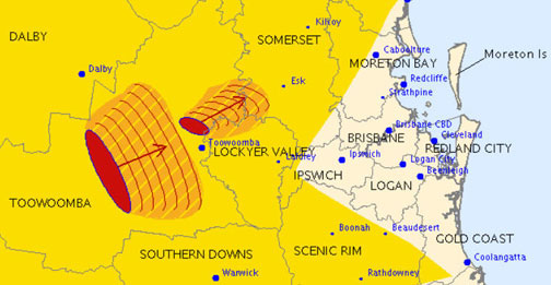 The Bureau of Meteorology warns that, at 3:35 pm, severe thunderstorms were detected on weather radar near Highfields. The Bureau of Meteorology warns that, at 3:35 pm, severe thunderstorms were detected on weather radar near Highfields.
