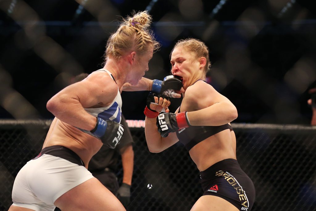 Ronda Rousey (R) and Holly Holm compete in their UFC women's bantamweight championship bout during the UFC 193 event at Etihad Stadium in Melbourne. Photo: Quinn Rooney/Getty Images. Ronda Rousey (R) and Holly Holm compete in their UFC women's bantamweight championship bout during the UFC 193 event at Etihad Stadium in Melbourne. Photo: Quinn Rooney/Getty Images.