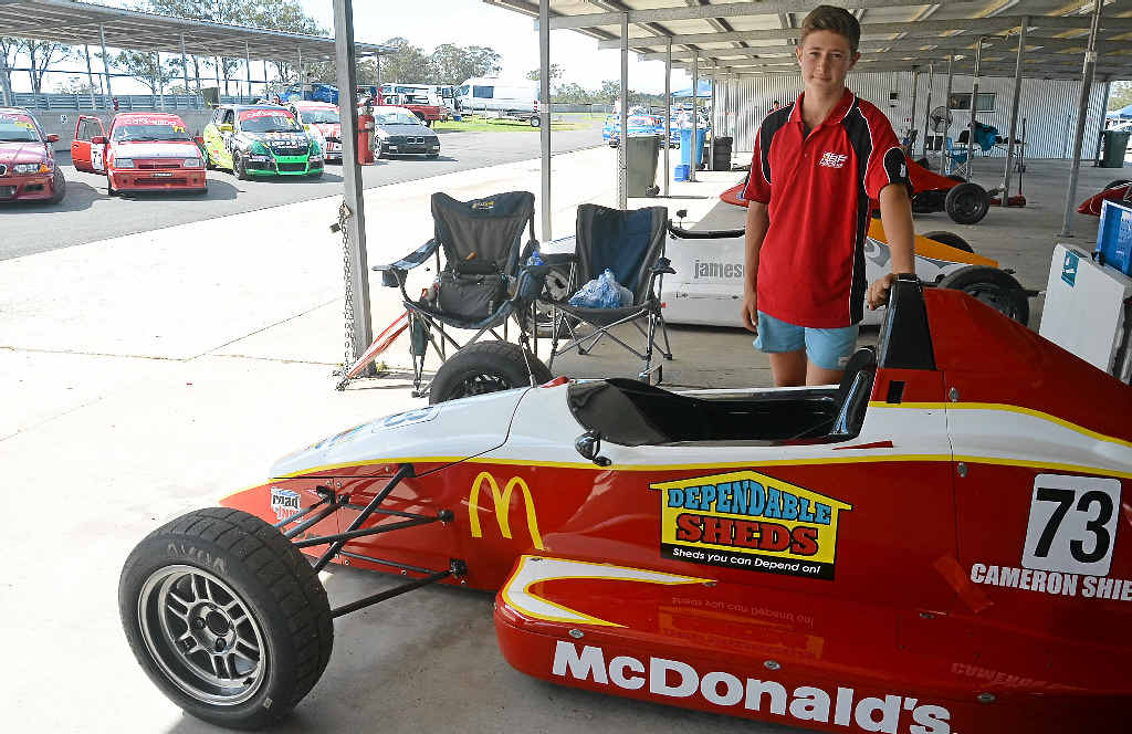 Cameron Shields from Toowoomba wins second place overall in the racing car class at Morgan Park Raceway.