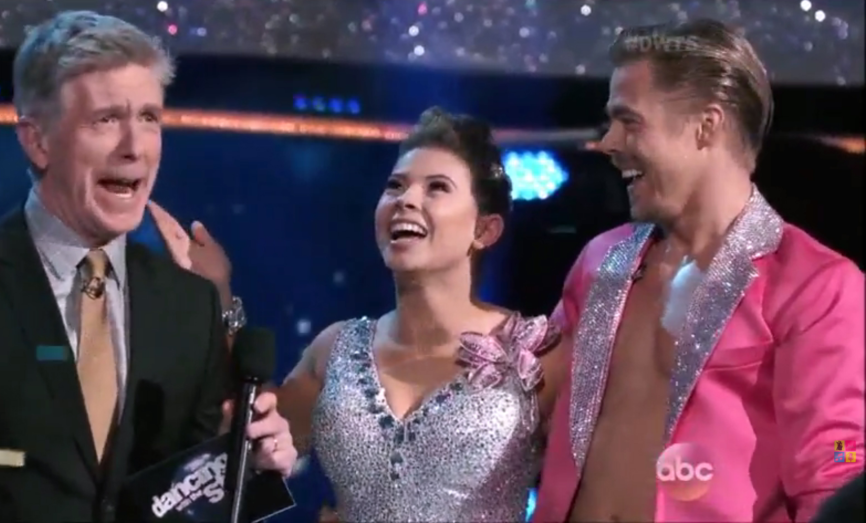 Bindi Irwin and Derek Hough pictured after their salsa routine on Dancing With The Stars. Bindi Irwin and Derek Hough pictured after their salsa routine on Dancing With The Stars.