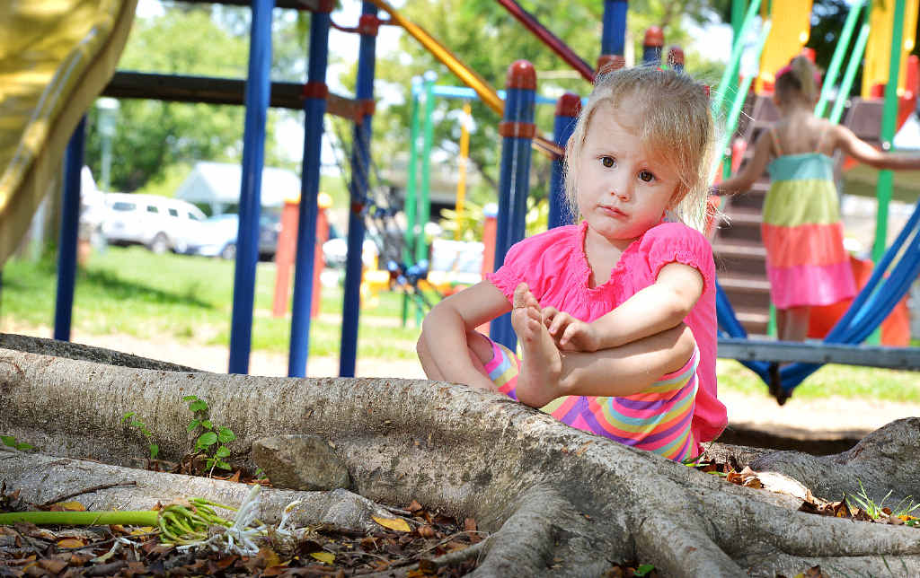 OUCH! Hannah Raines was covered in cuts after stepping on glass from broken beer bottles in the Nelson Reserve playground yesterday. OUCH! Hannah Raines was covered in cuts after stepping on glass from broken beer bottles in the Nelson Reserve playground yesterday.