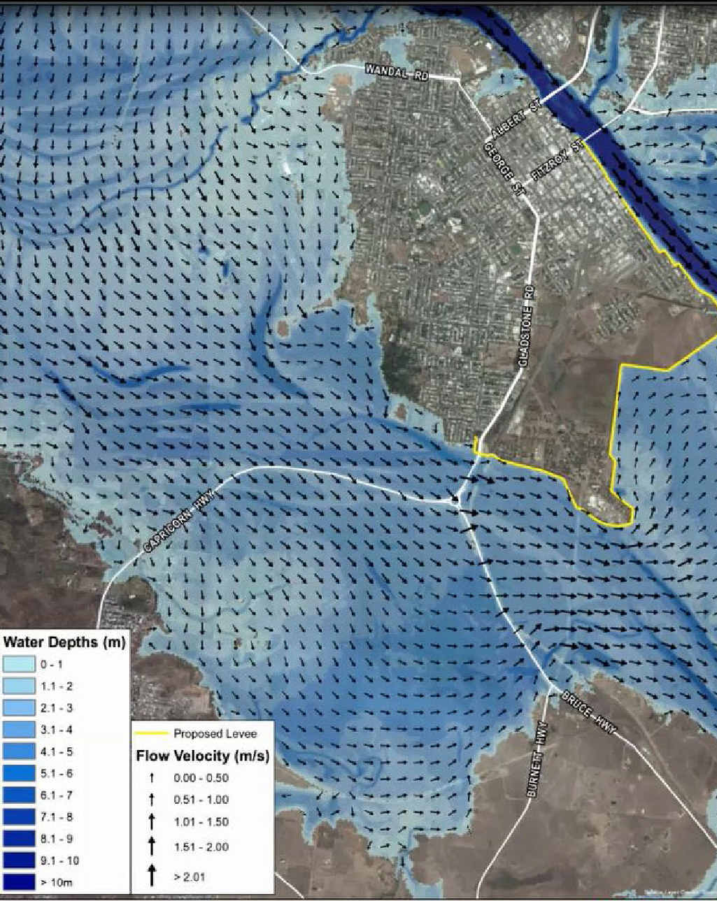 WATER WORKS: A diagram of which areas of south Rockhampton would be affected by flooding up to 10 metres if a levee bank (in yellow) was built. WATER WORKS: A diagram of which areas of south Rockhampton would be affected by flooding up to 10 metres if a levee bank (in yellow) was built.