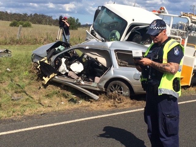 One person was killed when a truck collided with this car at Vale View, just south of Toowoomba. One person was killed when a truck collided with this car at Vale View, just south of Toowoomba.