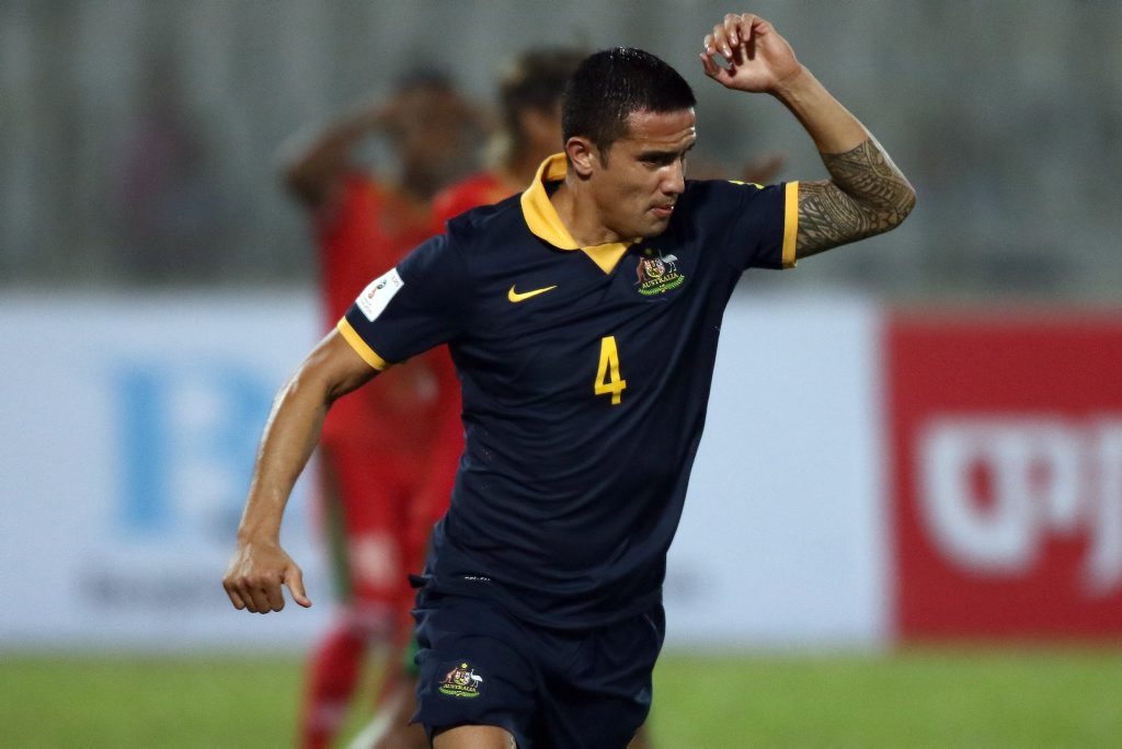 Tim Cahill celebrates after scoring the first goal against Bangladesh at Bangabandhu National Stadium in Dhaka, Bangladesh. Photo: Stanley Chou/Getty Images. Tim Cahill celebrates after scoring the first goal against Bangladesh at Bangabandhu National Stadium in Dhaka, Bangladesh. Photo: Stanley Chou/Getty Images.