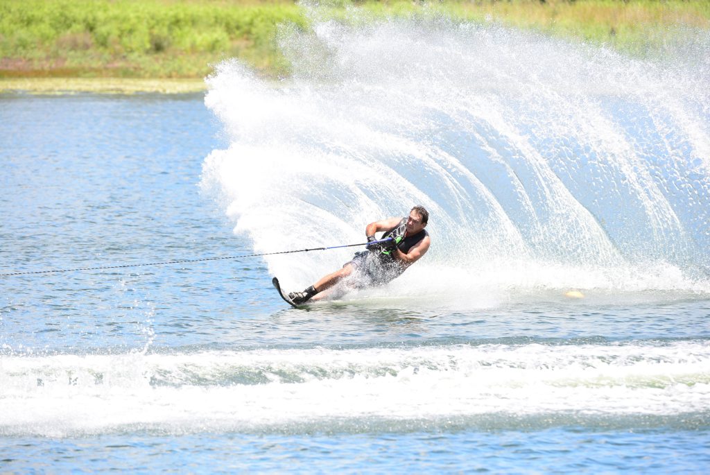 WATERSKIING: Mark Di Salvo powers round the turn at the Isis Ski Gardens annual Aussie Day Challenge. Photo: Paul Donaldson / NewsMail WATERSKIING: Mark Di Salvo powers round the turn at the Isis Ski Gardens annual Aussie Day Challenge. Photo: Paul Donaldson / NewsMail
