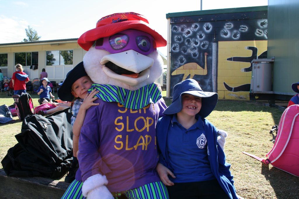 The slip, slop, slap mascot encourages everyone to cover up, put on sunscreen and wear a hat in the sun. The slip, slop, slap mascot encourages everyone to cover up, put on sunscreen and wear a hat in the sun.