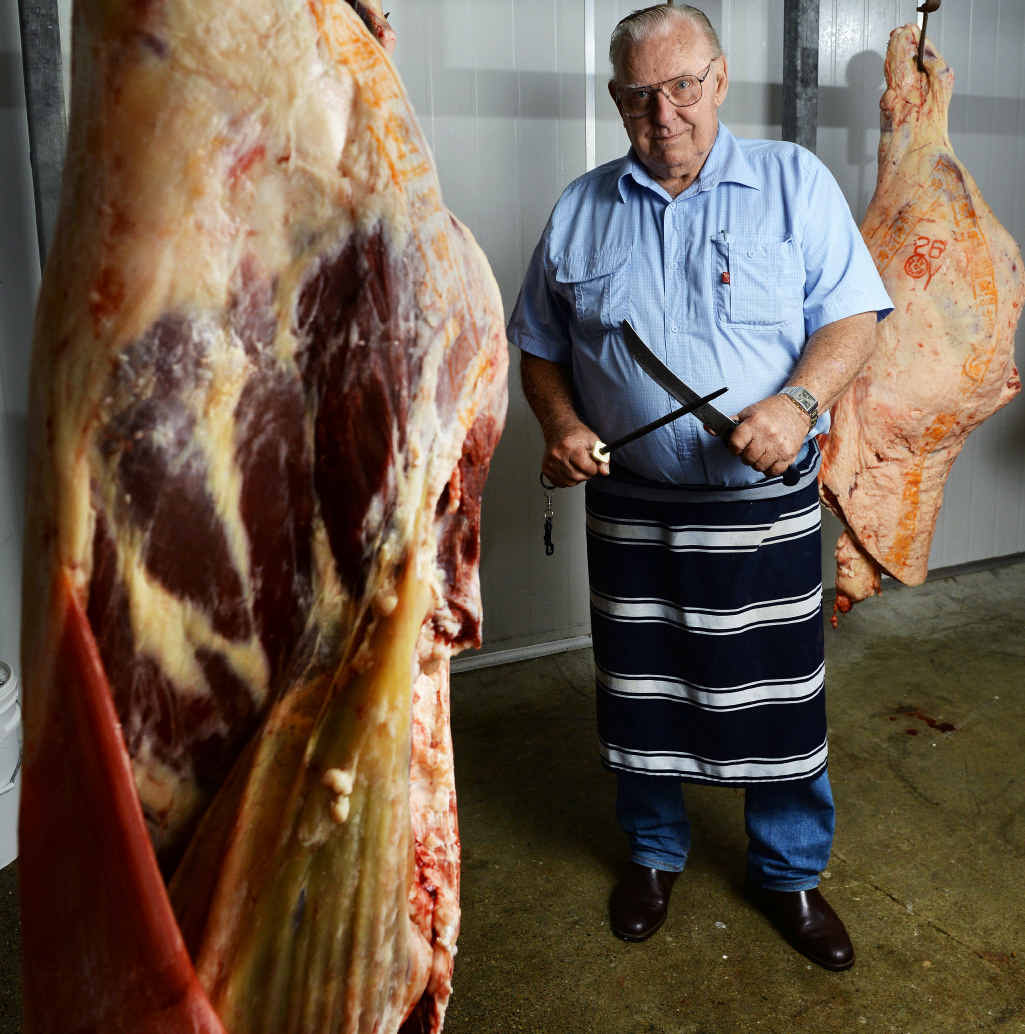 CHANGING TIMES: Brassall Meat Market is closing and owner Gerry Muckert says all small butchers will be forced out of business. INSET: Mr Muckert with one of his champion bulls. CHANGING TIMES: Brassall Meat Market is closing and owner Gerry Muckert says all small butchers will be forced out of business. INSET: Mr Muckert with one of his champion bulls.