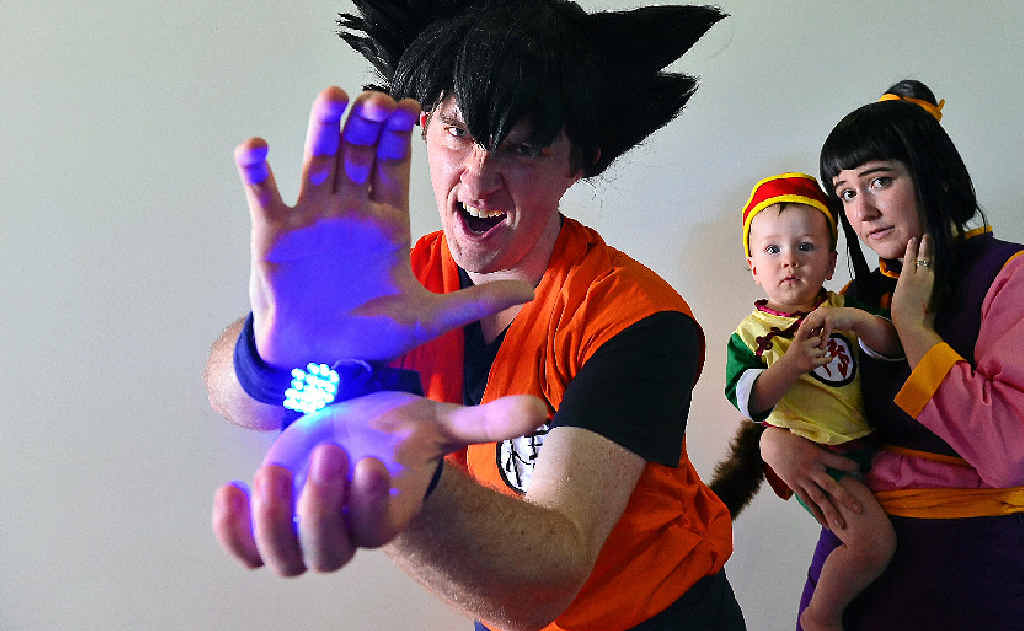 COS WE CAN: Matt, Jess and Loki Foulds as Goku, Chi Chi and Gohan from Dragon Ball, at USC for the Epic Diem Expo, the Sunshine Coast’s pop culture event.