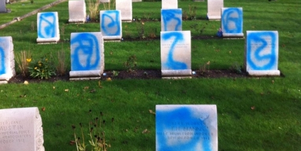 The graffiti on Anzac soldiers' headstones at a churchyard in London moved a councillor to tears when she discovered it. The graffiti on Anzac soldiers' headstones at a churchyard in London moved a councillor to tears when she discovered it.