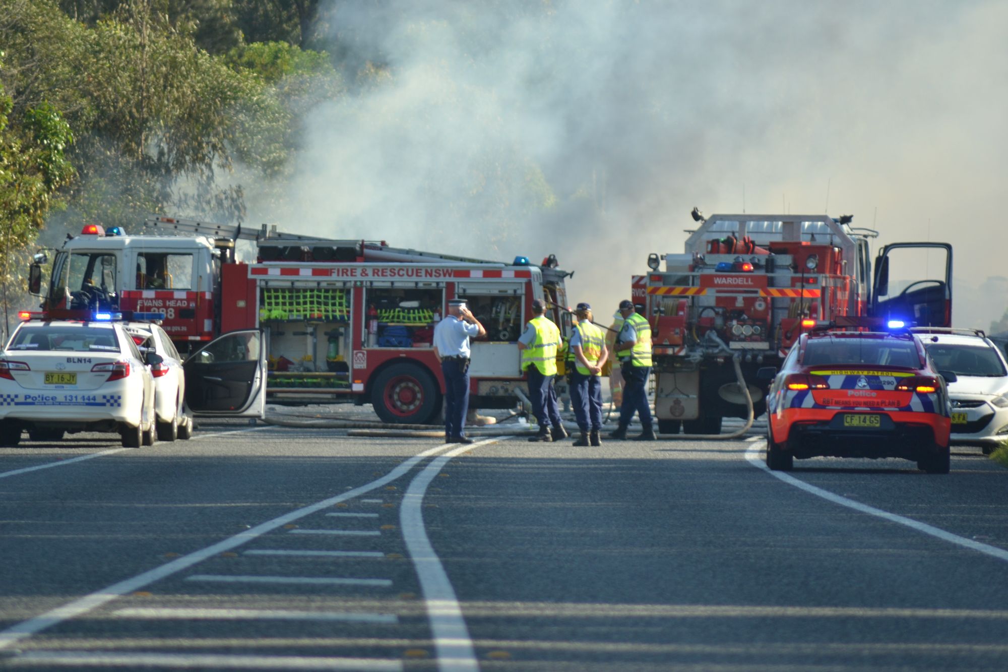 HEAD ON: A collision between a petrol tanker and sedan saw one person killed and the Pacific Highway, just south of Woodburn closed. HEAD ON: A collision between a petrol tanker and sedan saw one person killed and the Pacific Highway, just south of Woodburn closed.