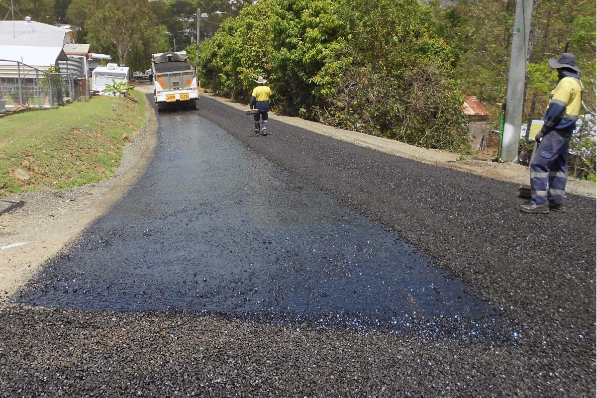 Resealing of Pugh Street in Mount Morgan by Rockhampton Regional Council road crews. Resealing of Pugh Street in Mount Morgan by Rockhampton Regional Council road crews.